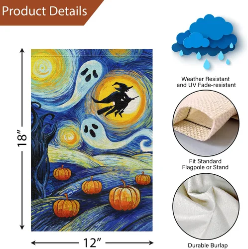 Miniatura 4 de Louise Maelys Bandera de jardín de calabaza de Halloween de 12 x 18 pulgadas, doble cara, arpillera, pequeña, noche estrellada, fantasma, bruja