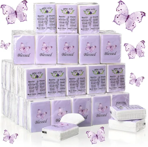 Harloon 100 paquetes de pañuelos faciales cristianos de mariposa púrpura en tamaño de billetera de bolsillo, pañuelos de viaje de 3 capas