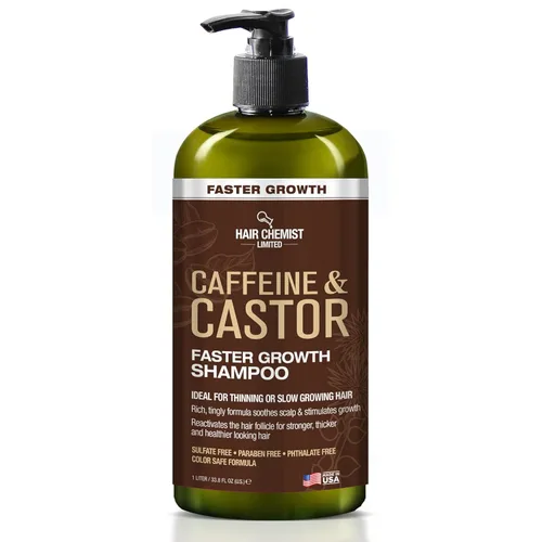 Hair Chemist Champú de crecimiento más rápido con cafeína y ricino, 33.8 onzas, champú para el cabello para un crecimiento más rápido del cabello,