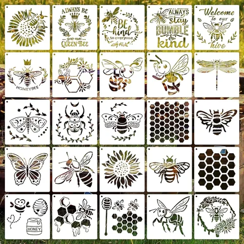 Plantillas de abeja de 6 pulgadas, plantillas reutilizables de miel de panal para pintar sobre madera, 25 plantillas de abejas para manualidades