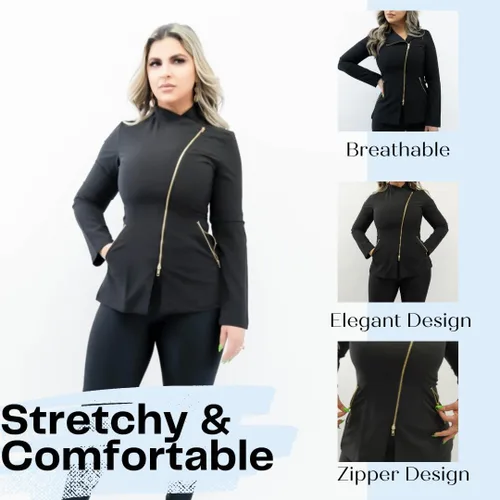 Miniatura 3 de All in beauty Ropa quirúrgica negra para mujer, cremallera dorada, uniforme de esteticista para spa, chaqueta de esteticista de manga larga