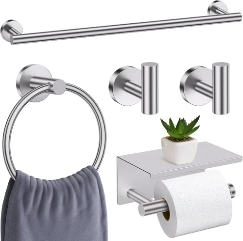 Miniatura 10 de Juego de 5 accesorios de baño negro mate, juego de toallero de 23.6 pulgadas, soporte de papel higiénico de acero inoxidable, toalleros redondos