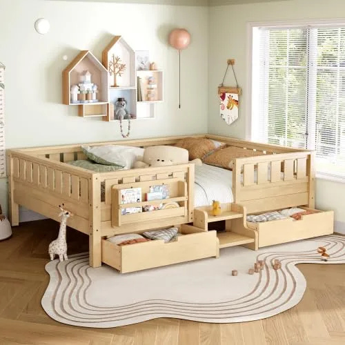 Miniatura 10 de Bellemave Cama Montessori de tamaño Queen con 2 cajones y estantería, camas de suelo para niños con barandillas de seguridad y escaleras, marco