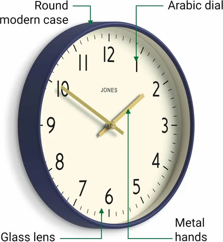 Miniatura 5 de JONES CLOCKS® Reloj de Pared Studio Estilo Redondo Moderno 12 Pulgadas Azul Marino Oscuro Números Fáciles de Leer Diseño Versátil