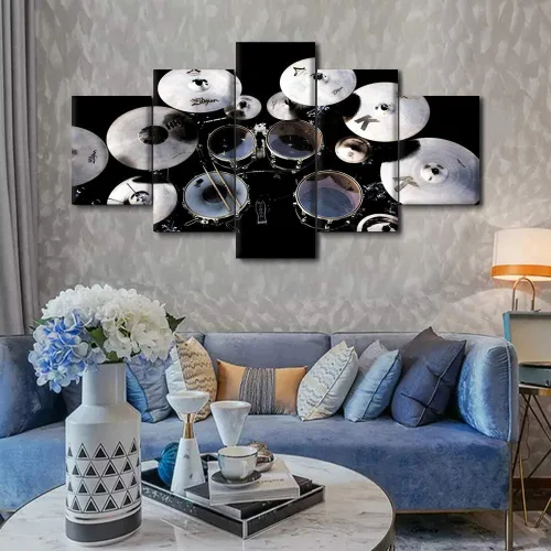 Miniatura 9 de Arte de pared en blanco y negro, kit de batería de jazz morado sobre fondo negro, pinturas de 5 paneles, lienzo, arte de pared para decoración