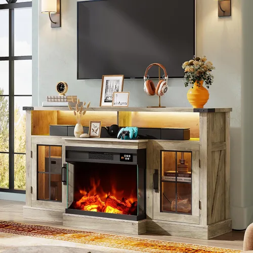 Miniatura 13 de WLIVE Soporte de TV estilo granja para TV de 65 pulgadas, centro de entretenimiento alto con luces LED y gabinetes de almacenamiento, mesa consola
