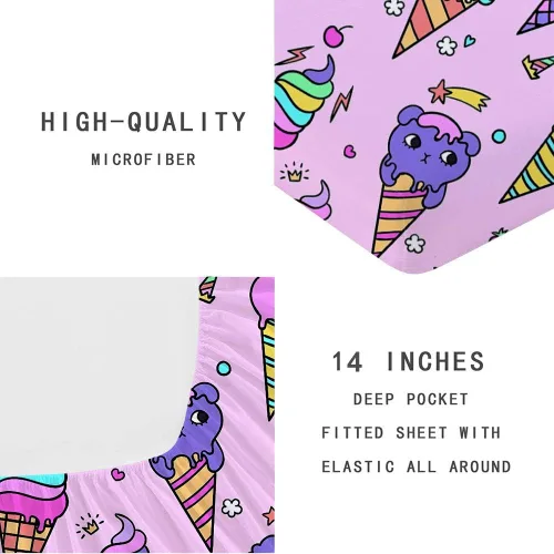 Miniatura 4 de Juego de sábanas bajeras de helado 3D de unicornio, gato, postre colorido para niños y niñas, juego de ropa de cama individual XL, 1 sábana bajera