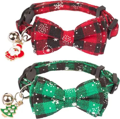 Miniatura 9 de ADOGGYGO Collares Navideños para Gatos de Liberación Rápida con Lazo Elegante, Paquete de 2 Collares de Gatito Navideños a Cuadros Rojos y Verdes