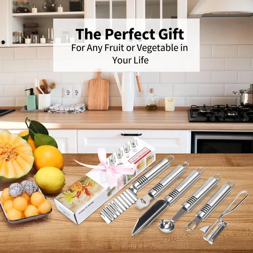 Miniatura 7 de BURLIHOME Juego de cuchillos de tallado de frutas de acero inoxidable, paquete de 5 cuchillas de grabado para vegetales para la cocina, cuchara