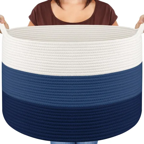Miniatura 17 de Maliton Cesta grande tejida para manta, 22 x 22 x 14 pulgadas, cesta de almacenamiento para organizar, cesta redonda de cuerda de algodón