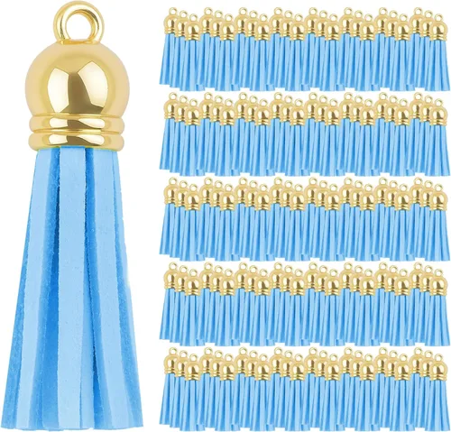 Miniatura 63 de Mandala Crafts 100 borlas de gamuza sintética color aguamarina con tapa dorada, suministros para hacer llaveros a granel, pequeñas borlas de cuero