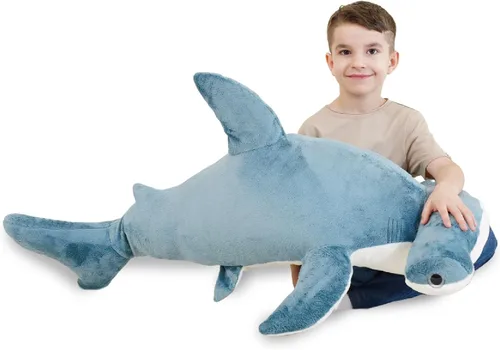 juguete de peluche de tiburón con cabeza de martillo de 37 pulgadas, tiburón gigante suave y realista, tiburón de peluche azul para océano, regalo