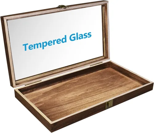 Miniatura 3 de MOOCA Caja de almacenamiento de 2 piezas de vidrio templado de madera con cierre de metal, bandeja de joyería de madera para coleccionables