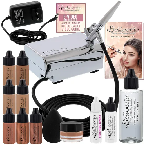 Belloccio - Sistema de maquillaje profesional para aerógrafo de belleza con 4 tonos medianos de base en botellas de 1/4 onza – el kit incluye rubor,