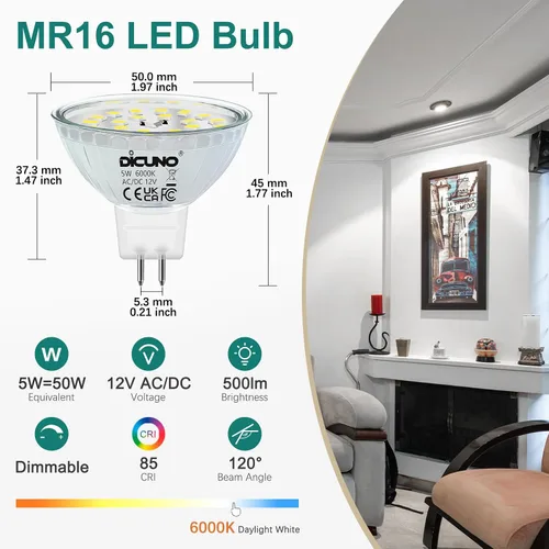 Miniatura 2 de DiCUNO Bombillas LED MR16 regulables, luz blanca diurna, 6000 K, 50 W, equivalente a halógeno, 12 V CA/CC, bombilla base de 5 W GU5.3 bi-pines, Luz