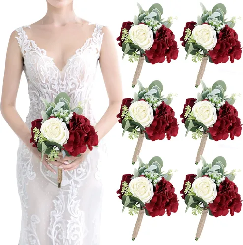 Miniatura 24 de Ramos de dama de honor para boda, juego de 6 ramos de flores artificiales para decoración de otoño, boda, propuesta de matrimonio, fiesta, Naranja