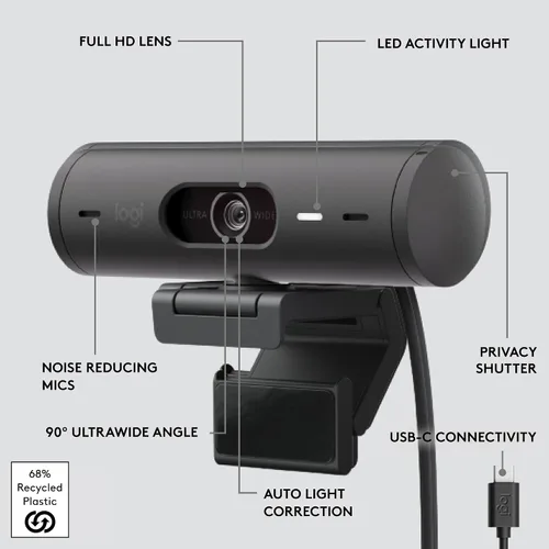 Miniatura 7 de Logitech Brio 501 - Cámara web Full HD con corrección automática de luz, modo de espectáculo, micrófonos de reducción de ruido, cubierta de Negro