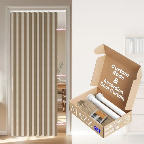 Miniatura 21 de AJAZZ Conjunto: Barras para cortinas sin perforación (28-39" de ancho) y cortina acordeón para puerta, beige 43" de ancho × 78" de largo, puertas