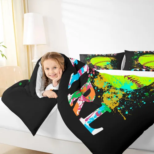 Miniatura 7 de jejeloiu Juego de edredón de sóftbol para niños, tamaño matrimonial, juego de ropa de cama con temática deportiva para niños, niñas, adolescentes
