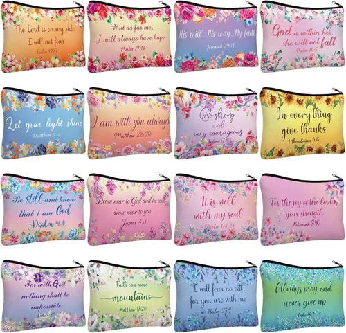 Pinkunn - 16 bolsas de maquillaje de lona, regalos a granel para mujeres, bolsa de cosméticos inspiradores cristianos religiosos con cremallera,