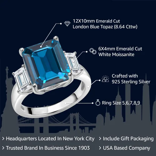 Miniatura 2 de Gem Stone King Anillo de plata de ley 925 con topacio azul Londres y moissanita blanca de 3 piedras para mujer