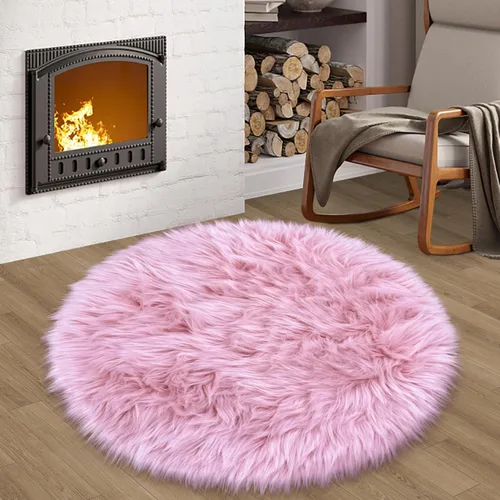 Miniatura 37 de Alfombras Redondas Rosadas Esponjosas de 4 Pies para Dormitorio de Niñas, Alfombra de Piel Sintética de Oveja de Felpa para Sala de Estar, Alfombra