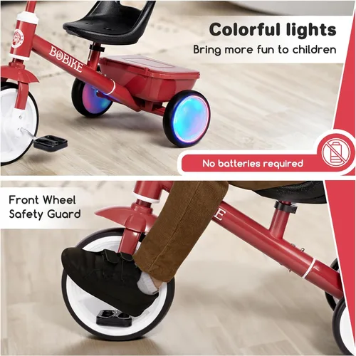 Miniatura 4 de Bobike Triciclo para niños de 2 a 5 años, triciclo con 2 ruedas de luz LED, bicicleta para niños pequeños con asiento de 3 posiciones y canasta Negro