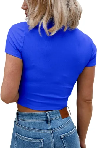 Miniatura 6 de Allimy Camiseta de verano de manga corta ajustada para mujer, cuello redondo, acanalada