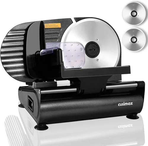 Rebanadora de Carne, CUSIMAX Rebanadora Eléctrica de Embutidos para el Hogar, 2 Cuchillas Extraíbles de Acero Inoxidable de 7.5'' y Empujador, Negro