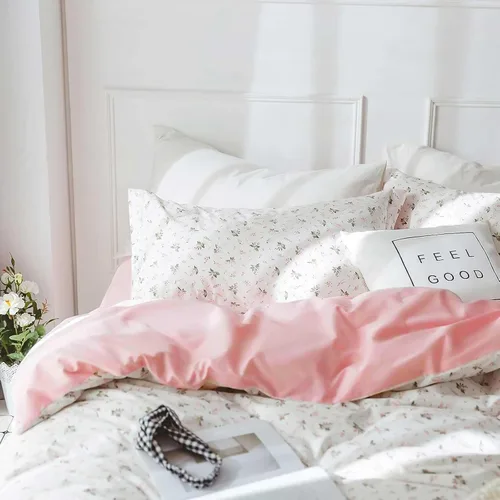 Miniatura 5 de Faincy Juego de edredón floral de tamaño individual, diseño de hojas de flores rosas y blancas, juego de cama alternativo reversible preppy, edredón