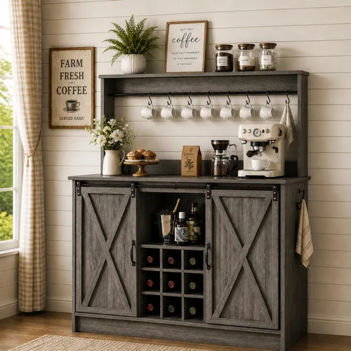 Miniatura 10 de 4ever2buy - Gabinete de café-bar de granja con aparador, gabinete de buffet de 31 pulgadas con puerta corrediza de granero, gabinete de barra