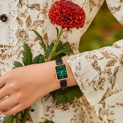 Miniatura 6 de VICTORIA HYDE Precioso reloj para mujer esfera de nácar verde elegante reloj rectangular con correa de cuero negro