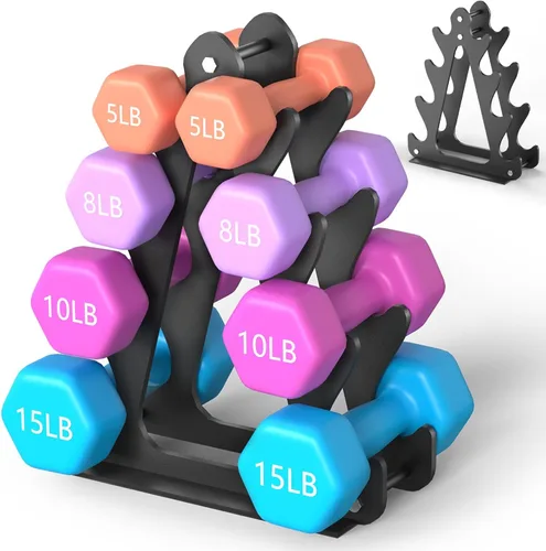 4-Tier Dumbbell Rack for 1-15 lb Weights, Holds 5 Pairs Space-Saving Sturdy A-Frame Stand for Home Gym, Weight Rack for Women's Dumbbell Set Negro