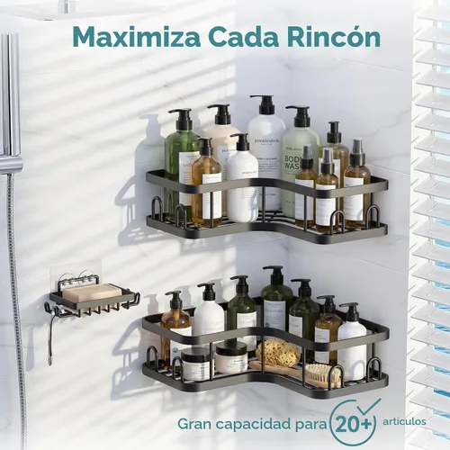 Miniatura 2 de Veken Organizador adhesivo de esquina para ducha, paquete de 3 con soporte para jabón y ganchos, estantes de ducha sin perforación, organizador