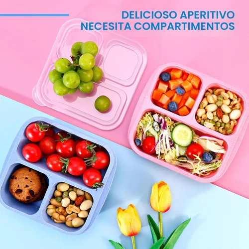 Miniatura 7 de Rinwoc Caja Bento [tamaño de la porción], paquete de 3 recipientes para aperitivos con 3 compartimentos para preparación de comidas y sobre