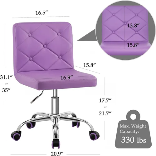 Miniatura 3 de VECELO Silla de tocador de cuero PU con respaldo medio sin brazos, altura ajustable, giratoria rodante 360° para trabajo en casa y oficina Púrpura