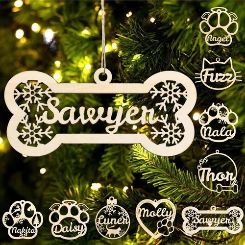 Miniatura 10 de Adorno personalizado de pata de perro y gato, adorno personalizado con nombre de mascota, adornos de madera personalizados para árbol de Navidad