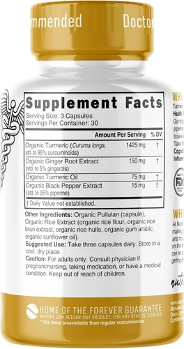 Miniatura 2 de Nutri Suplemento orgánico de curcumina de cúrcuma de 1425 mg – 40 veces más biodisponible – 95% curcuminoides puros – con pimienta negra, jengibre