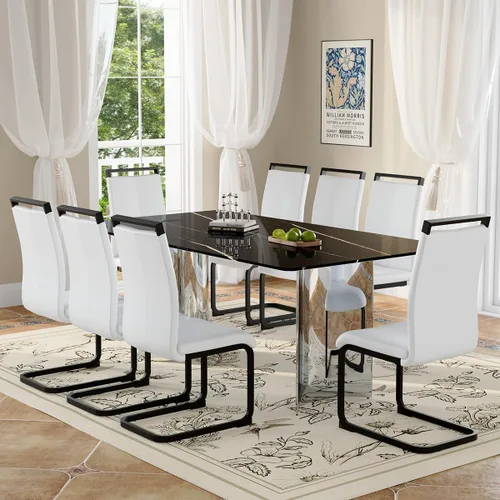 Miniatura 11 de Moderno juego de mesa de comedor para 6, 7 piezas, mesa rectangular de mármol sintético de 71 pulgadas con base de acero inoxidable plateado