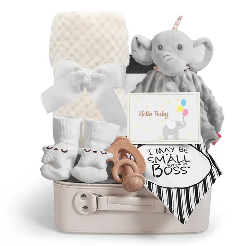 iAOVUEBY Regalos de baby shower, regalos de bebé, juego de regalo de Navidad para recién nacidos, manta de bebé esencial de elefante, sonajero de