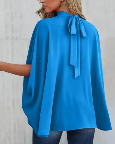 Miniatura 81 de BTFBM Blusas de verano para mujer, cuello alto falso, manga murciélago, holgadas, dobladillo alto y bajo, blusas informales de gran