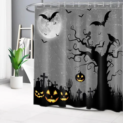 Miniatura 8 de EOBTAIN Cortina de ducha de cielo nocturno azul de Halloween para baño, espeluznante calabaza y murciélago en árbol muerto en cementerio aterrador