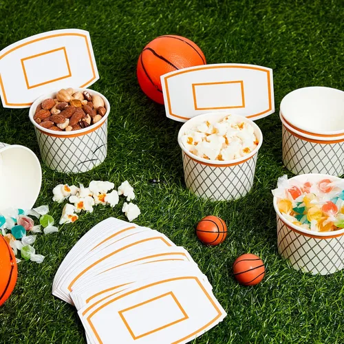 Miniatura 7 de Suclain 48 tazas de aro de baloncesto para aperitivos, decoraciones de fiesta de baloncesto, suministros de papel para aperitivos, cuencos de comida