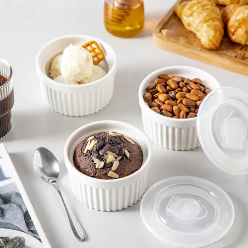 Miniatura 8 de vancasso Ramequines de 177 ml con tapa, cuencos de porcelana para soufflé de crema catalana, tazas de natillas azules para hornear, aptas