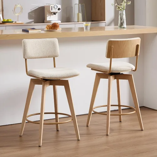 Miniatura 8 de ONEVOG Juego de 2 taburetes de bar giratorios de madera de 26 pulgadas de altura de mostrador, modernas sillas altas tapizadas para isla de cocina