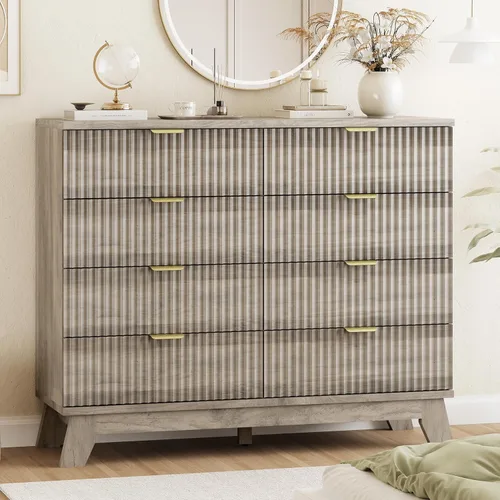 Miniatura 30 de Xixini - Cómoda moderna de madera acanalada para dormitorio, sala estar, pasillo o armario, para organizar y almacenar ropa o soporte de TV, 6 Roble