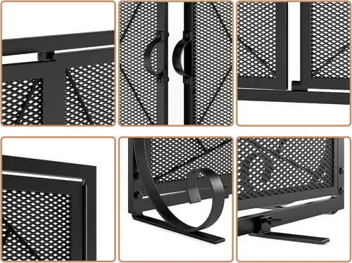 Miniatura 4 de Fire Beauty Pantalla de chimenea con puertas con bisagras Borde de hierro fundido, marco de acero resistente, malla metálica duradera, protector