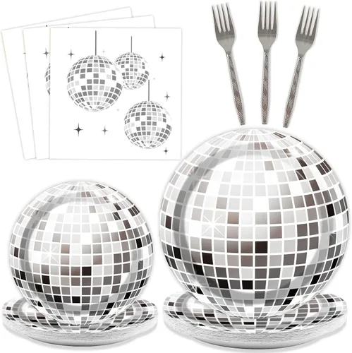 96 piezas de platos para fiesta de disco, decoración temática de bola de disco, platos de papel plateado para pastel y servilletas, juego de vajilla