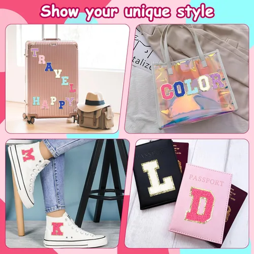 Miniatura 6 de 6 piezas de parches de letras de chenilla autoadhesivas con purpurina para planchar, parches de letras universitarias estilo preppy, letras difusas