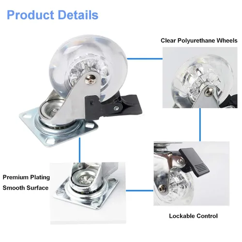 Miniatura 4 de Juego de 4 ruedas giratorias para muebles, ruedas giratorias de poliuretano transparente de 2 pulgadas resistentes de 500 libras con placa de 360